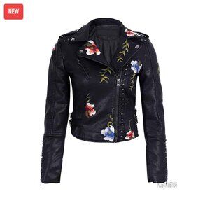 Embroidered Faux Leather Moto Jacket Punk Style Windproof Vegan